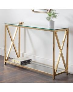 Miami Clear Glass Console Table In Gold Cross Frame