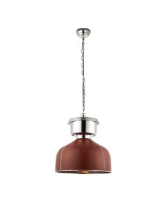 Michigan Ceiling Pendant Light In Golden Brown Leather And Bright Nickel