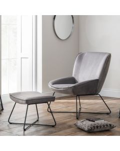 Mila Velvet Upholstered Accent Chair And Stool In Grey