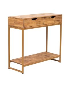 Mirelle Wooden Console Table In Solid Oak With Gold Metal Frame