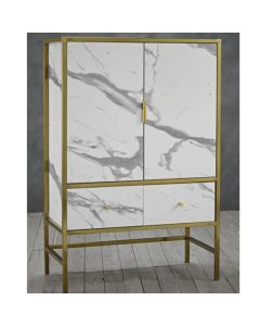 Monaco White Marble Drinks Cabinet In Gold Metal Frame