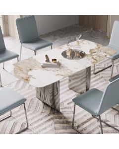 Montego Natural Stone Dining Table In Marble Effect With Stainless Steel Base