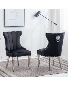 Montpellier Lion Knocker Black Velvet Dining Chair In Pair