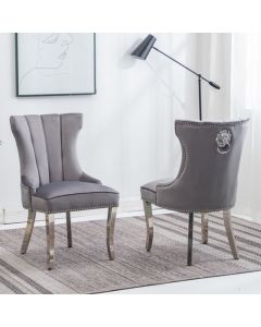 Montpellier Lion Knocker Dark Grey Velvet Dining Chair In Pair