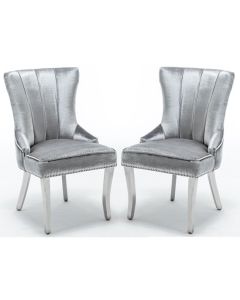 Montpellier Lion Knocker Shimmer Grey Velvet Dining Chair In Pair