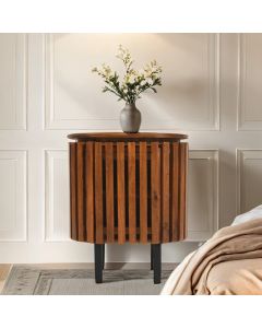 Slatted Mango Wood Bedside Cabinet With 1 Door In Walnut