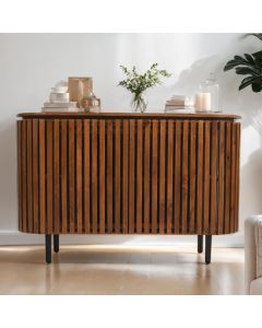 Slatted Mango Wood Large Sideboard With 2 Doors In Walnut