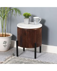 Opal White Marble Top And Mango Wood Side Table In Dark Mahogany