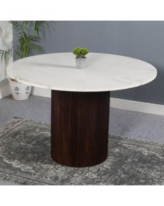 Opal White Marble Top And Mango Wood Round Dining Table In Dark Mahogany