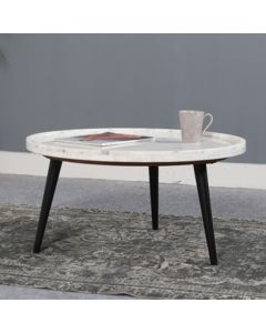 Opal Marble Top Coffee Table In White With Black Metal Legs