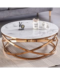 Nabraska Round Wooden Coffee Table In White Marble Effect With Gold Frame
