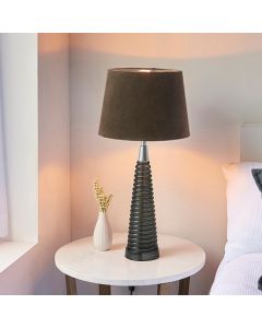 Naia Mocca Velvet Shade Table Lamp In Dark Grey Ribbed Glass Base