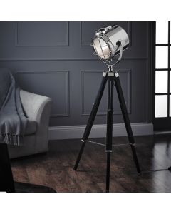 Nautical Floor Lamp In Polished Nickel And Black Wooden Legs
