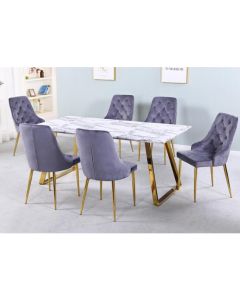 Newchapel Marble Effect Wooden Dining Set With Gold Legs And 6 Chairs