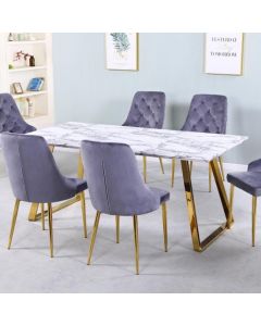 Newchapel Wooden Marble Effect Dining Table In White With Gold Metal Legs