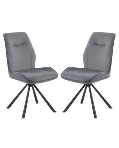 Nico Swivel Grey Velvet Dining Chair In Pair With Black Metal Legs