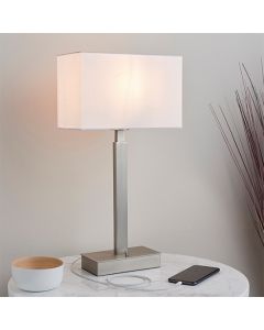 Norton Rectangular Vintage White Shade Table Lamp With USB In Matt Nickel