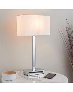 Norton Rectangular Vintage White Shade Table Lamp With USB In Polished Chrome