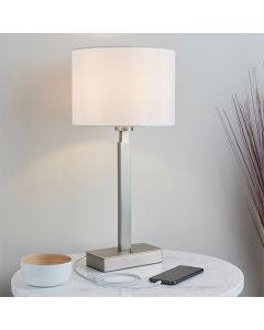 Norton Vintage White Cylinder Shade Table Lamp With USB In Matt Nickel