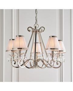 Oksana Clear Crystal 5 Lights Ceiling Pendant Light In Polished Nickel With White Shades