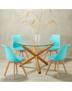 Oporto Glass Top Large Dining Table With 4 Louvre Aqua Chairs