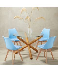 Oporto Glass Top Large Dining Table With 4 Louvre Baby Blue Chairs