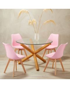 Oporto Glass Top Large Dining Table With 4 Louvre Baby Pink Chairs