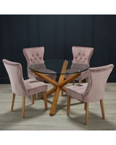 Oporto Glass Top Large Dining Table With 4 Naples Blush Pink Chairs