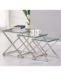 Osaka Clear Glass Nest Of 3 Tables With Silver Frame