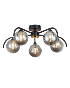 Otley 5 Smoked Glass Globe Bulbs Flush Ceiling Light In Black