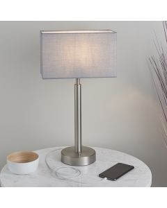 Owen Rectangular Grey Shade Table Lamp With USB In Matt Nickel