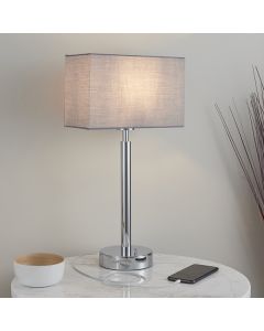 Owen Rectangular Grey Shade Table Lamp With USB In Polished Chrome