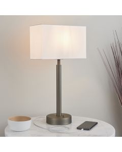 Owen Rectangular White Shade Table Lamp With USB In Dark Bronze