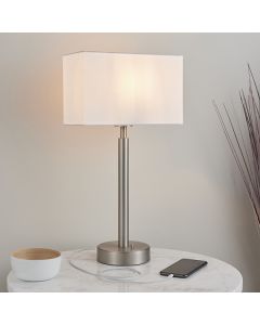 Owen Rectangular White Shade Table Lamp With USB In Matt Nickel