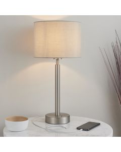 Owen Taupe Cylinder Shade Table Lamp With USB In Matt Nickel