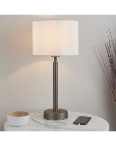 Owen White Cylinder Shade Table Lamp With USB In Dark Bronze