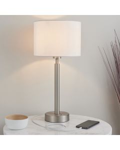 Owen White Cylinder Shade Table Lamp With USB In Matt Nickel