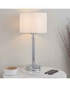 Owen White Cylinder Shade Table Lamp With USB In Polished Chrome