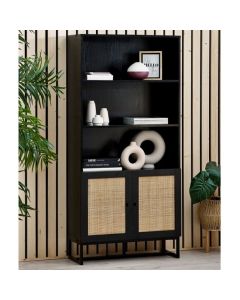 Padstow Wooden Tall Bookcase In Black With 2 Doors And 2 Shelves