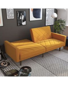 Paxson Linen Fabric Sofa Bed In Mustard With Wooden Feets