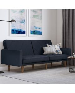 Paxson Linen Fabric Sofa Bed In Navy Blue With Wooden Feets