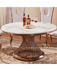 Pescara Round Marble Dining Table In White With Rose Gold Base