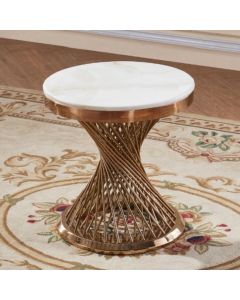 Pescara Round Marble Lamp Table In White With Rose Gold Base