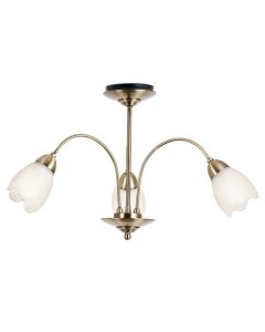 Petal Matt Opal Glass 3 Lights Semi Flush Ceiling Light In Antique Brass