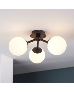 Pulsa 3 Lights White Glass Shades Semi Flush Ceiling Light In Matt Black