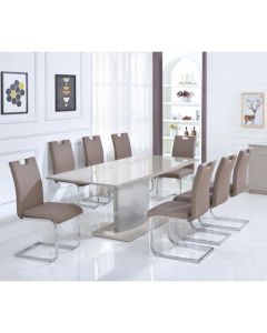 Rembrock Extending Dining Table In High Gloss Champagne With 6 Chairs