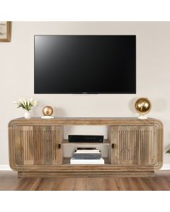 Hudson Carved Mango Wood TV Stand With 2 Doors In Natural Oak
