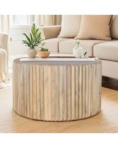 Hudson Carved Mango Wood Round Coffee Table In Natural Oak
