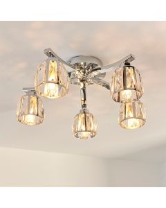 Ria Premium Faceted Glass Crystals 5 Lights Semi Flush Ceiling Light In Chrome