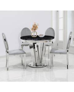 Riccardo Marble Dining Table In Black With 4 Hampton Light Grey Chairs